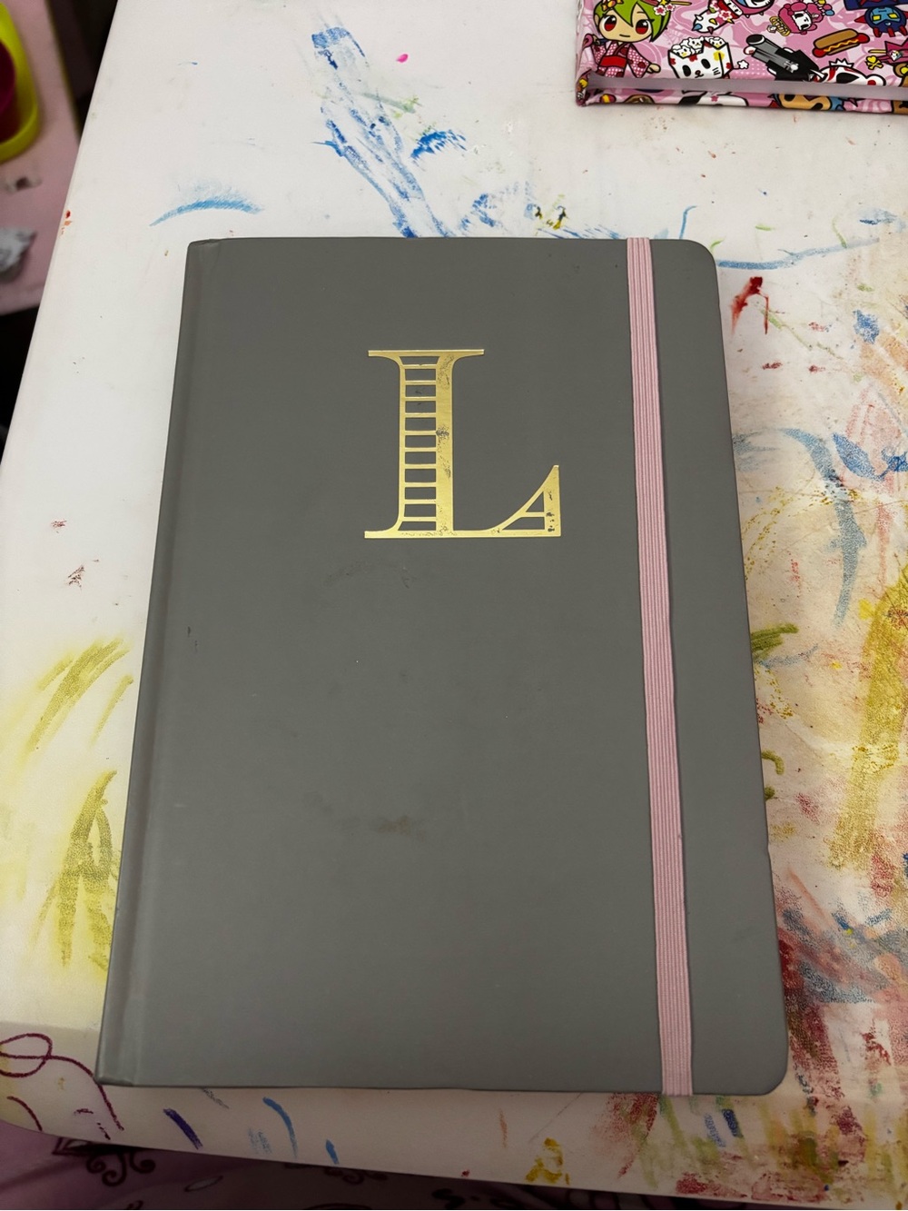Gray Hardcover Notebook with Pink Elastic - Gold L Monogram